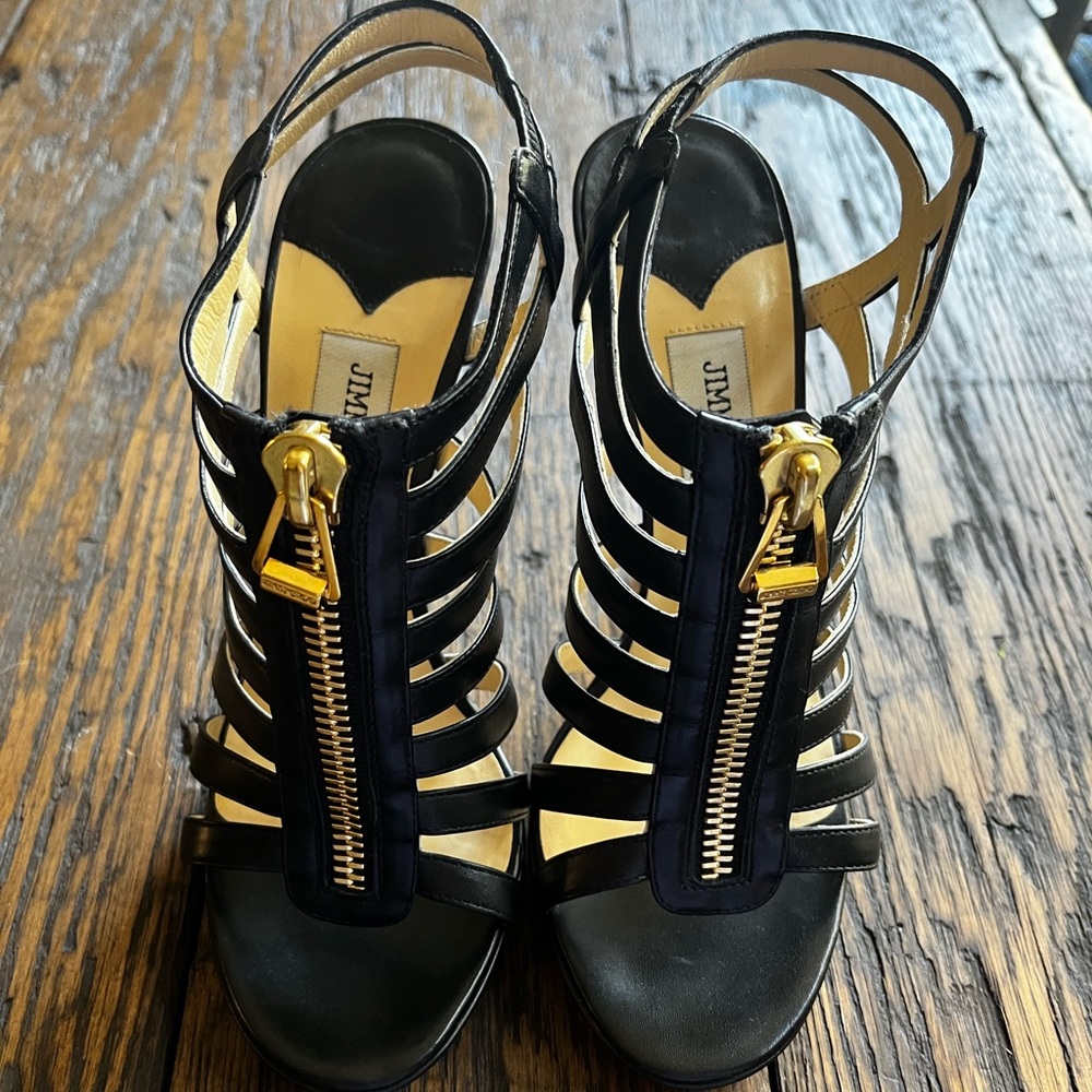 Jimmy Choo Glenys Leather Gladiator Heel Stiletto Sandals Zipper Black Italy
